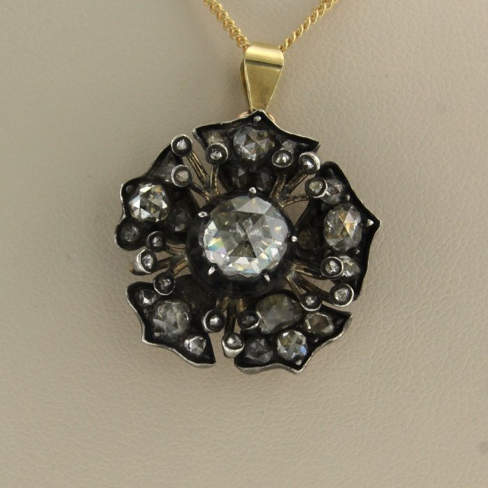 14 kt Gelbgold, Silber - Halskette mit Anhänger - 2.00 ct Diamant