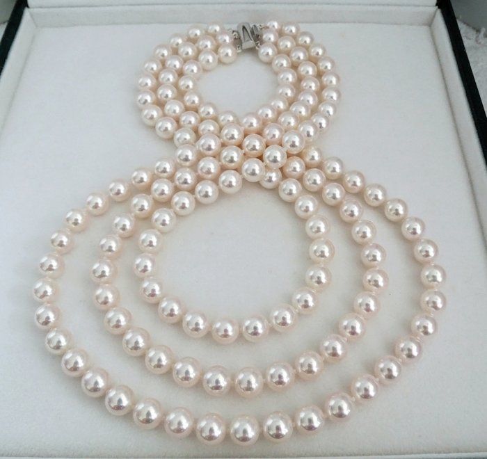 HS Jewellery Akoya-Perlen, Premium AAA 8,5 mm - Dreifach-3-Strang-Halskette, 14Kt. Weißes Gold