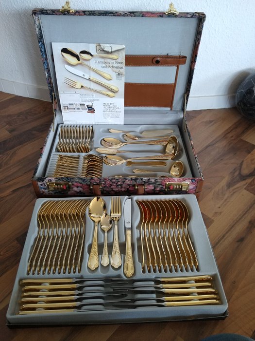 SBS SOLINGEN "Gloria Royal" - 70-piece luxury cutlery for 12 people in rare tapestry suitcase - 23/24 carat gold plated - original price 2.138 € - with pricelist cutlery / suitcase