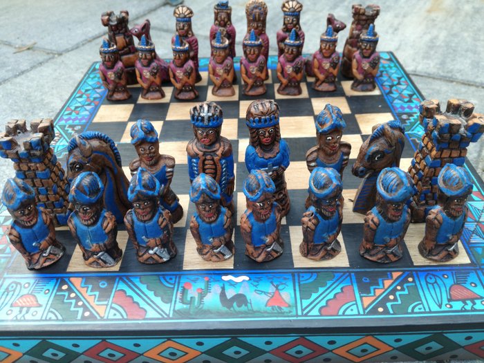 Chess set, peruvian red pottery chess set depicting inca's (1) - Terracotta, Wood
