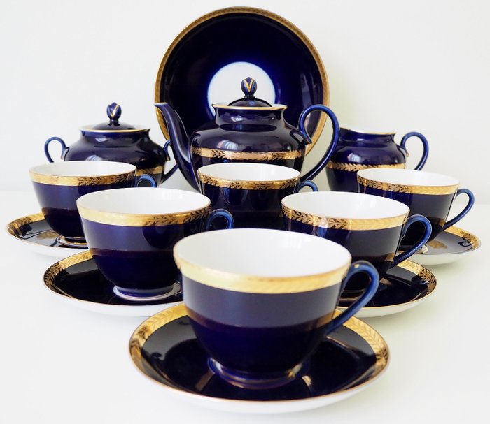 Lomonosov Imperial Porcelain Factory  - Set da tè "Fregio dorato" color blu cobalto - Oro, Porcellana