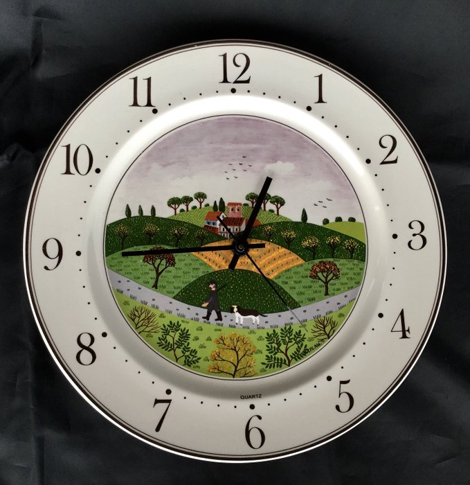  Design “Naïf” , Villeroy & Boch - Kwarcowy zegar ścienny z piękną naiwną wiejską sceną - Porcelana