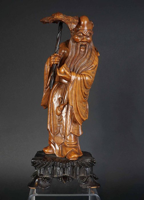 antikke kinesiske boxwood træ shou statue med lingzhi i hånden (1) - Buksbomved - Kina - 19. århundrede