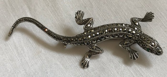 925 Srebro - Vintage Silver Lizard Brooch Salamander Marcasite - Szmaragdy