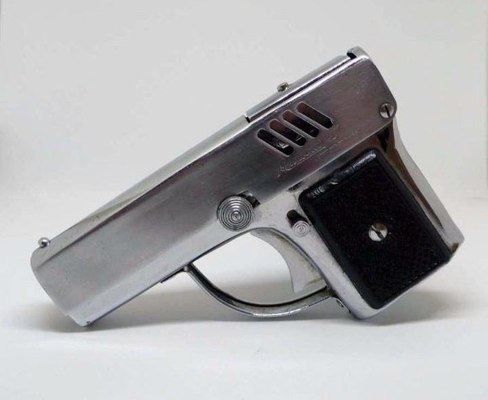  Aurora 45 - Briquet à essence forme de pistolet en métal chromé avec lampe de poche