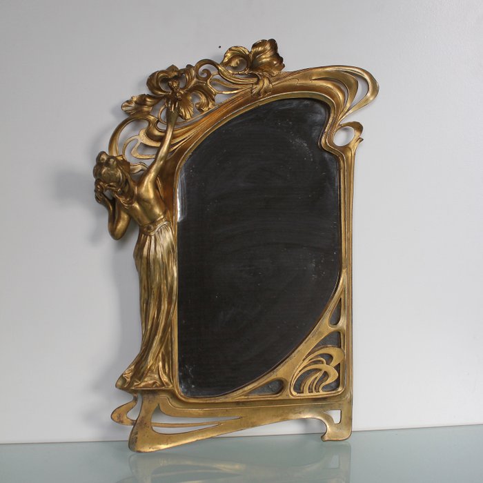Art Nouveau Jugendstil guld förgylld dam jungfru spegel