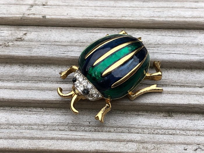 Gold-plated - D’ORLAN Crystal enamelled scarab brooch 