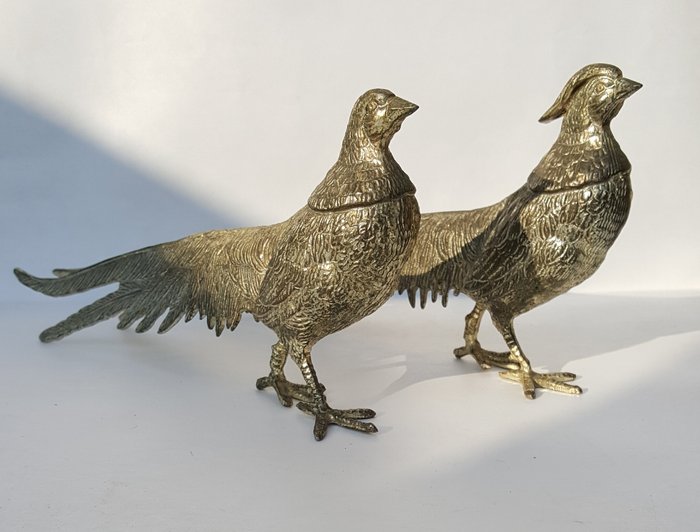 Two pheasants figurines  (2) - Brass silver gilt