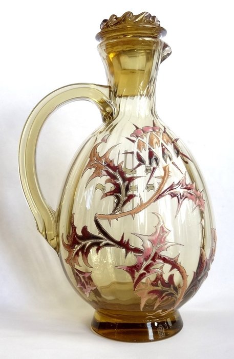 Emile Gallé - Sticlă emailată ulcior-1890-model cu Thistle și Croix de Lorraine