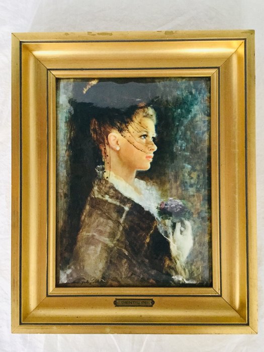 Armando Angelo Gentilini  - prachtig geemailleerd portret , Emaux HELCA  - Representación de "La Precieuse" de una joven con flores. - con hermosa lista