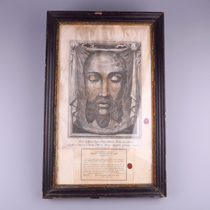 Große Reliquie "Schleier von Veronica Sweat Cloth", Heiliges Antlitz Jesu Christi, um 1860 - Leinen, Holz, Pappe, Glas