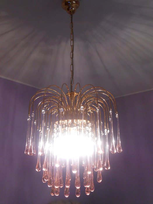 Chandelier Lustres Waterfall Pink Drop Glass Mid Century - Murano-glas, messing