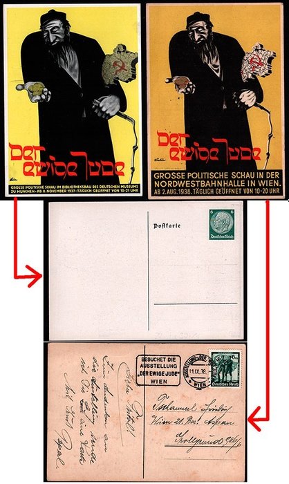 Terceiro Reich - O judeu eterno [der Ewige Jude] - 2 cartões postais de propaganda (Exposição 1937 [Munique] e exposição 1938 [Viena]) - 1937-1938