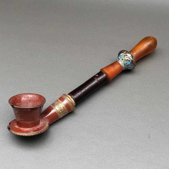 Very fine Ottoman pipe with Tophane pipebowl and amber mouthpiece - Clay, amber, wood