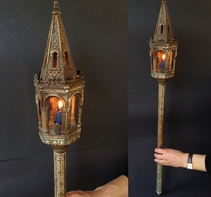 Processional Staff with Lantern - highly decorative - Neo-Gothic - ca. 1840 - Brass - ca. 1840 (Neo-Gothic)