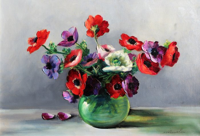 Renée Altier (1905-1960) - Bouquet d'anémones dans un vase