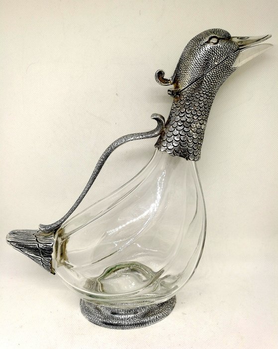 玻璃酒瓶, 美妙的鴨形狀玻璃水瓶/噴口 (1) - .925 銀, 水晶 - 義大利
