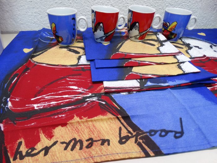 Herman Brood - Cinderella - Herman Brood - toalha de mesa com 6 guardanapos e 4 xícaras (11) - algodão / porcelana
