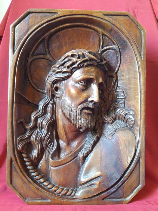 Head of Christ with Crown of thorns, Relief - Wood - Early 20th century