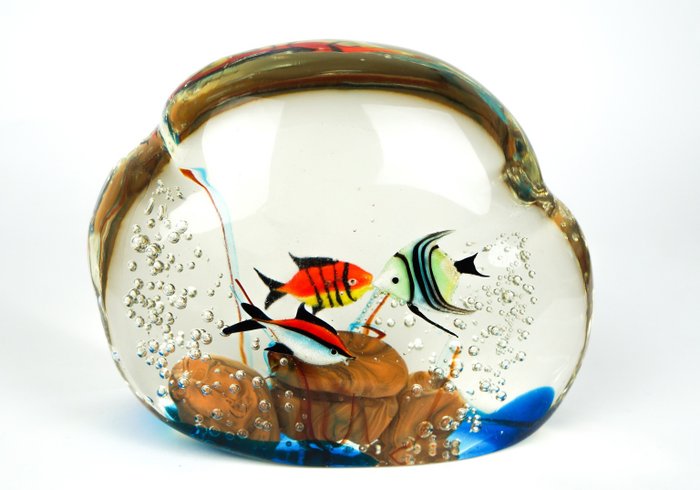 Made Murano Glass - 3鱼水族馆雕塑（3.5公斤） - 玻璃