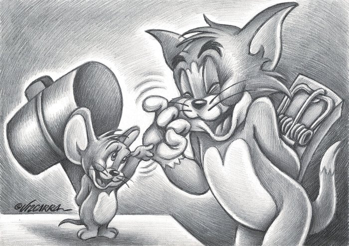 Are Tom & Jerry Friends? - Original Drawing - Joan Vizcarra - Creion de arta