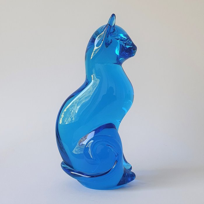FM (Färe Marcolin) - FM Konstglas  (Ronneby Zweden) - Große massive blaue Katze - 1598 Gramm - Glas