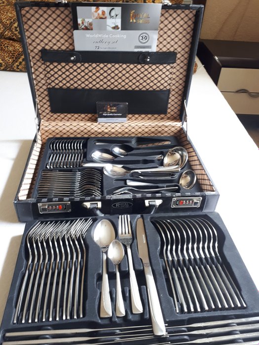 Royal Swiss - Cutlery set Switzerland-72 pieces-12 person cutlery set in Luxury Case with Certificate (1) - Silver (AUS MEISTERHAND CHROMSTAHL)