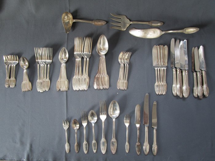 Orfevrerie Wiskemann Belgium - maker's mark & hallmark - antique cutlery - complete - 6 people - 63 parts - versilbert - sehr guter Zustand - Belgium - Early 20th century