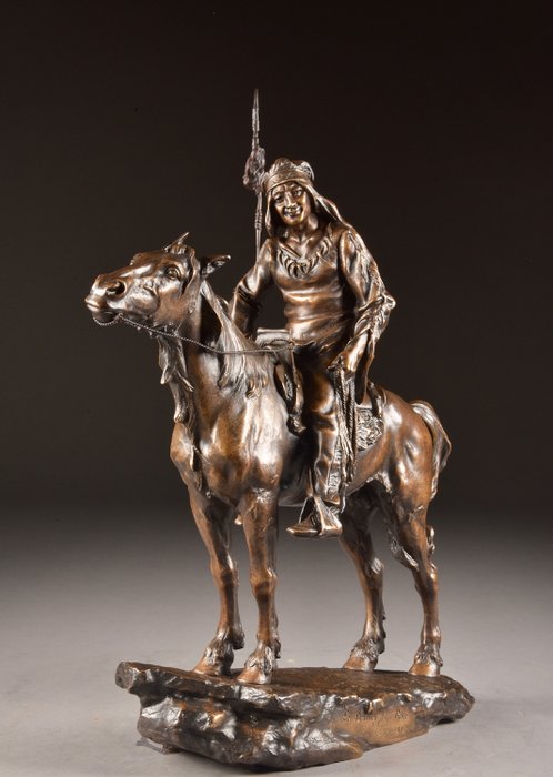 Antoine Bofill (ca. 1875-1939/53) - Beeld, Indian on horseback "Le Dernier d'une Race"  (1) - Brons (gepatineerd) - Begin 20e eeuw