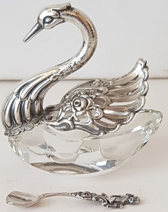 銀天鵝碗和勺子 - 艾伯特博德默 - Crystal details - 德國 - 20世紀50年代