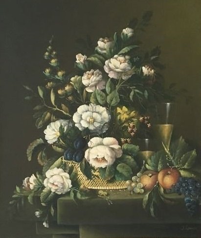 J. Bouwes (20e eeuw) - Stilleven bloemen en fruit