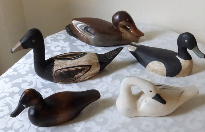 5 patos señuelo pintados a mano de madera antiguos - Madera - Pintura