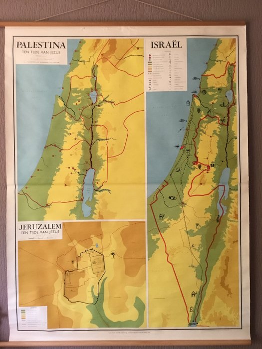 Vanha koulukartta Palestiinasta, Israelista ja Jerusalemista - Pellava