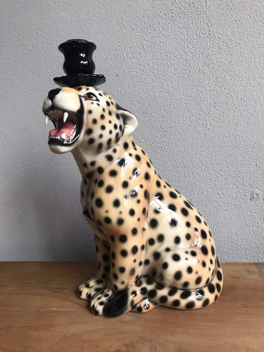 Italiaans porselein - Ljusstake, Skulptur, Cheetah, Leopard inkl. Stearinljus