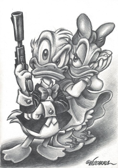 Donald Duck 007 and Bond Daisy - Original Drawing - Joan Vizcarra - Potlood kunst