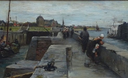 Jan de Jong (1863-1901) - Haven met figuren in Zeeland /Zicht op Veere vanaf de sluis van het kanaal door Walcheren
