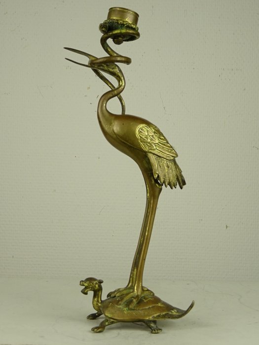 烛台 - 黄铜色 - 起重机和乌龟 - 中国 - Late 19th century