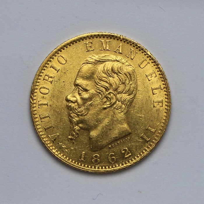 Italia - Etrurian kuningaskunta - Marengo 20 Lire 1862 Torino - V.Emanuele II - Kulta