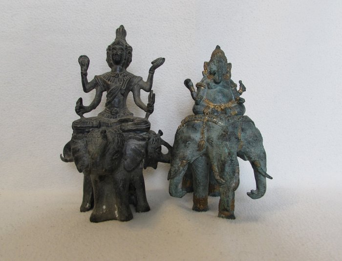 Both mounted on a three-headed elephant (2) - Bronze - GANESH et BRAHMA  - Thailand - Late 20th century