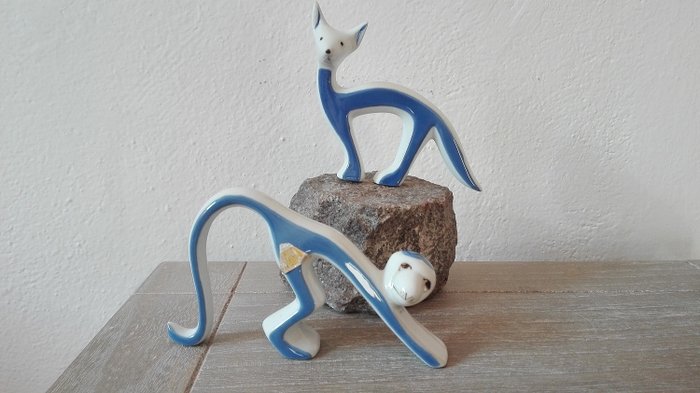 Royal Dux  - 小人像, 藍色和白色的現代主義猴子和狐狸 (2) - 瓷器