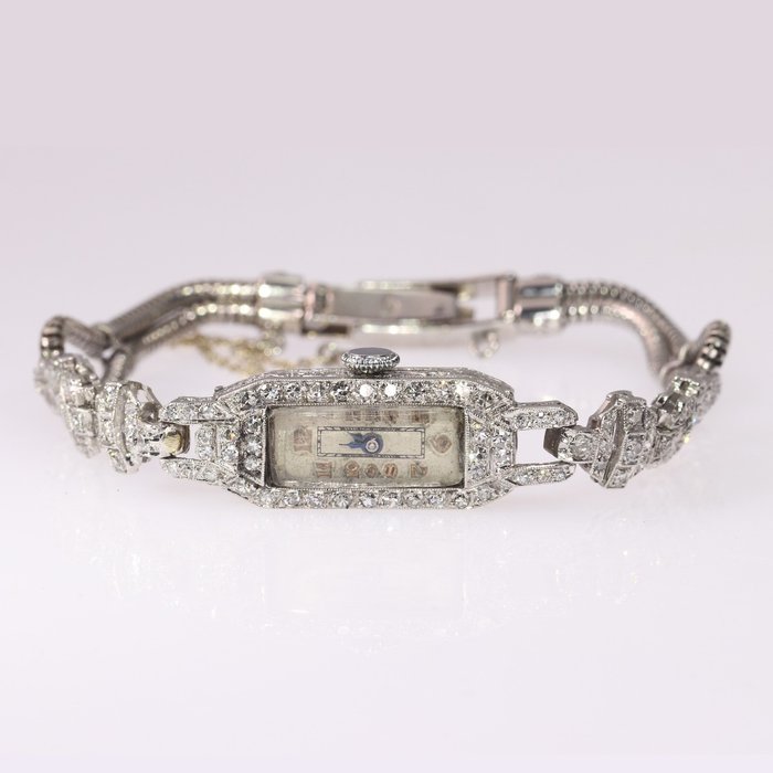 18 ct. Aur alb, Platină - Art Deco brățară de ceas cu diamante pentru femei - mecanic - TDW 1.00 crt - NU PRETUL DE REZERVĂ