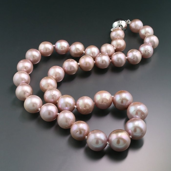 Freshwater pearl - Halskjede Naturkulturerte perler rosa 11 - 13,8 mm Ingen Reservepris