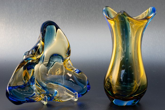 Hana Machovska - Mstisov (Sklo Union) - Set of vase & bowl "Pizzicato" - Glass