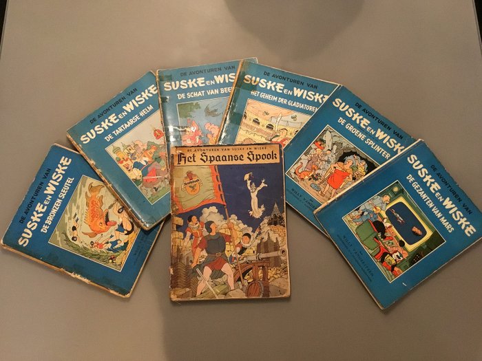 Suske en Wiske BR-01 t/m 07 - Volledige blauwe reeks - Copertă moale - Prima ediție - (1952/1957)