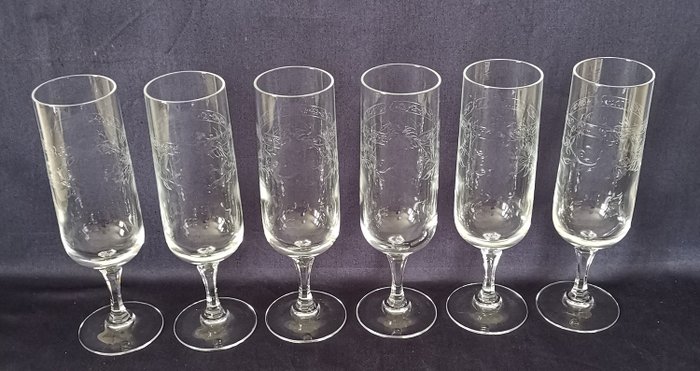 Cristal d'Arques - Glasses (6) / Champagne flutes engraved model Matignon - Crystal