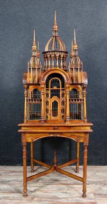 Exotic wood birdcage depicting an Indian palace like Taj Mahal