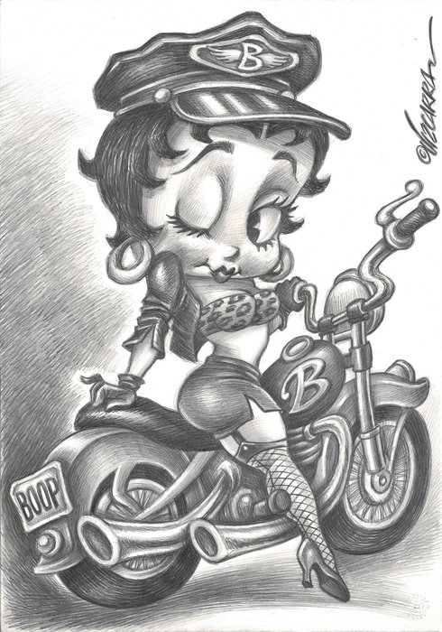 Betty Boop On Motorcycle - Original Drawing - Vizcarra Signed - 50x35cm - Original Kunst