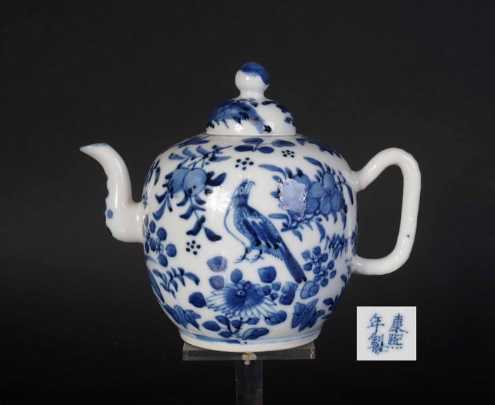 Antikk kinesisk blå hvit tekanne med fugldekorasjon (1) - Blå og hvit - Porselen - Kina - 1800-tallet