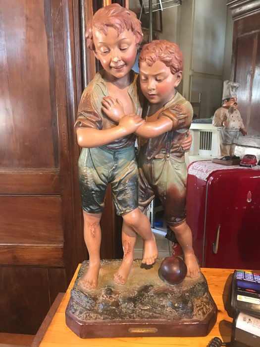 F. Foucher - Sculpture, young footballers (1) - Plaster, polychrome - Early 20th century