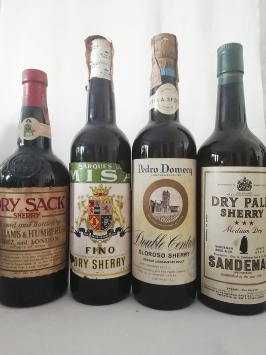 Sherry: Pedro Domecq - Oloroso "Double Century" & Marques de Misa - Fino & William & Humbert "Dry Sack" & Sandeman - Dry Pale - Jerez - 4 Bottles (0.75L)
